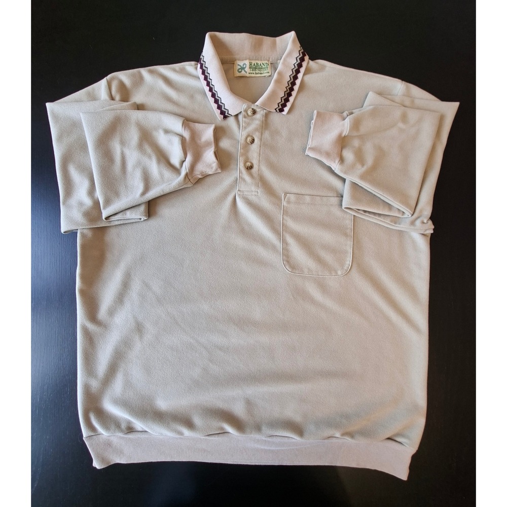 Haband Mens Polo Shirt Large Tan Long Sleeve ZigZag Collar Pocket Polyester L